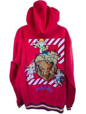Civilized Red Rhinestone Heart & Cherub Full-Zip Hoodie (Large)